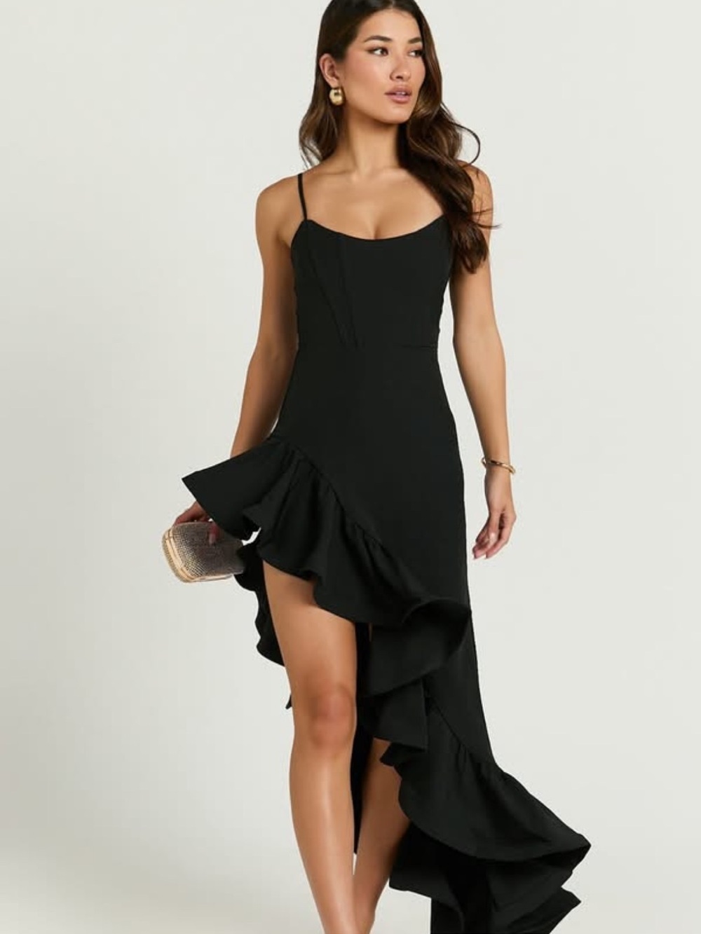 NWT Showpo Maura Maxi Scoop Neckline Ruffle High Low Dress in Black - Picture 5 of 10